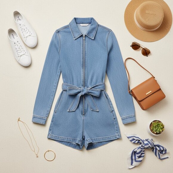 Rivet Utility Pants - Rivet Utility Trendsetter Denim Romper XL Light Wash Zip Front Tie Waist Jumpsui